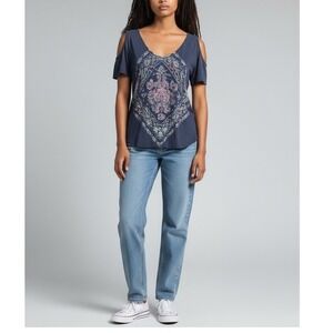 G Collection Women's Cold Shoulder‎ Slub Knit Top V-Neck Blue Scroll Aztec Print